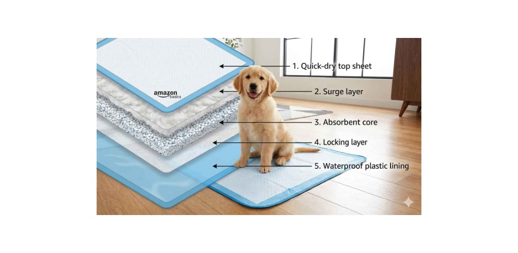 Diagram of 5-layer absorbent design in Amazon Basics dog training pads, featuring quick-dry surface and waterproof plastic lining for leak protection.