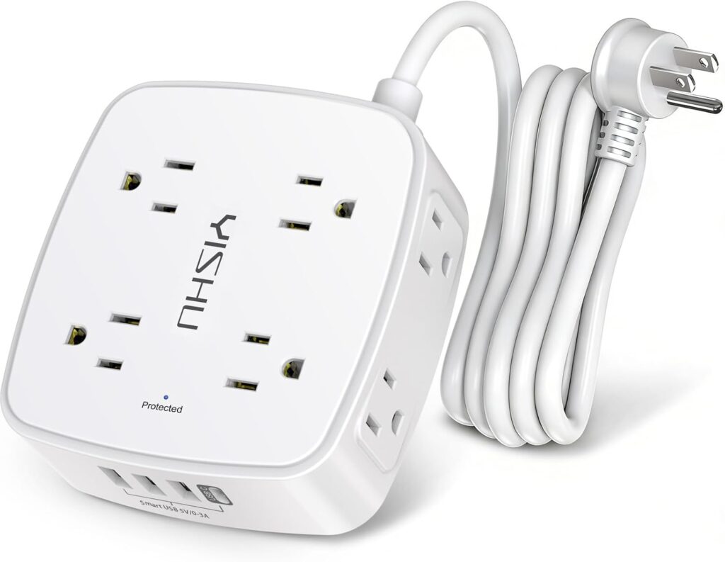 A white 8-outlet surge protector power strip with 4 USB ports and a 6ft extension cord displayed on a white background.