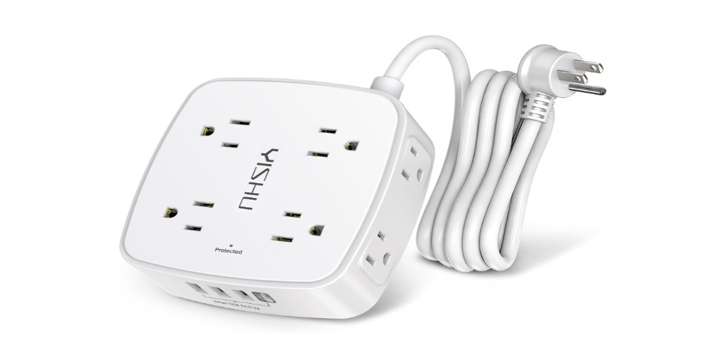 A white 8-outlet surge protector power strip with 4 USB ports and a 6ft extension cord displayed on a white background.