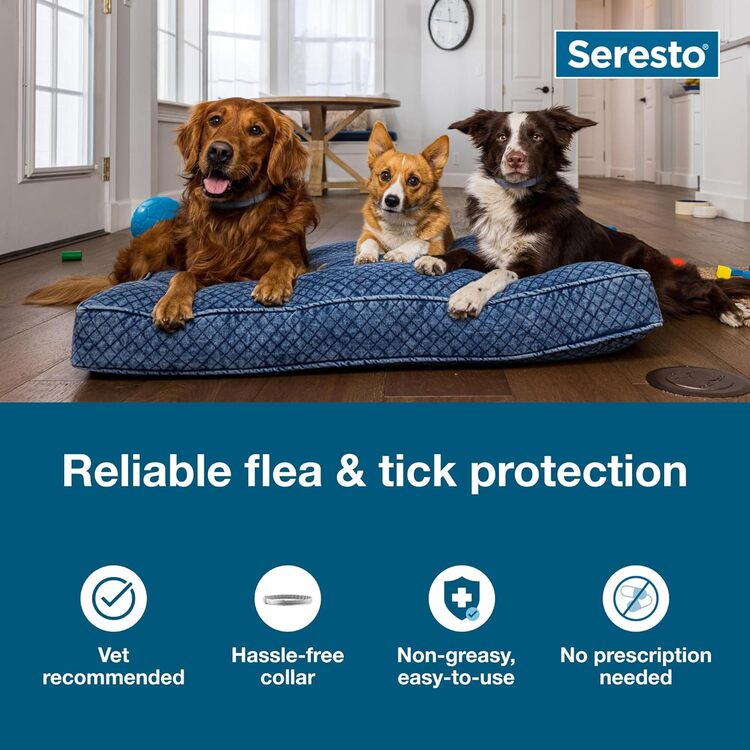 Seresto dog collar features including vet-recommended, hassle-free, non-greasy, and no prescription needed icons
