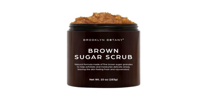 A close-up of the Brooklyn Botany Brown Sugar Body Scrub texture alongside fresh ingredients