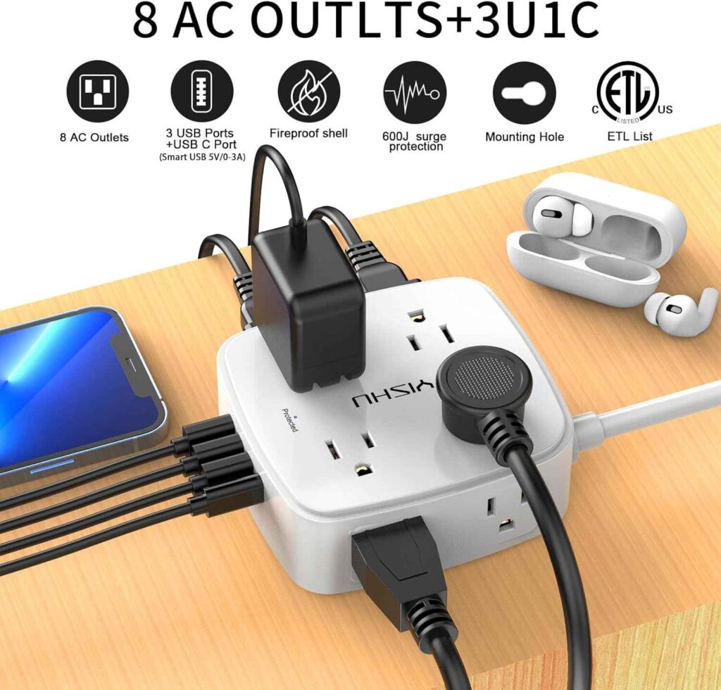 It used as a desk charging station, powering a laptop, monitor, and multiple smartphones via USB.