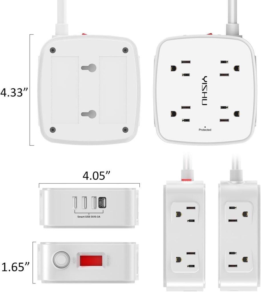 Close-up of a 45-degree flat plug and the wall-mounting holes on the back of a surge protector power strip.
