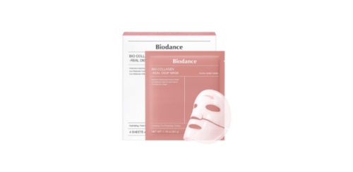 A box and single sachet of BIODANCE Bio-Collagen Real Deep Mask, a pink and white Korean skincare overnight hydrogel face mask.