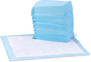 Golden Retriever puppy sitting on Amazon Basics regular size puppy pad on hardwood floor, showing 5-layer leak-proof protection.