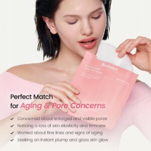 A woman holding a pink BIODANCE Bio-Collagen Deep Mask packet with text highlighting its use for enlarged pores, loss of elasticity, fine lines, and achieving a glass skin glow.

