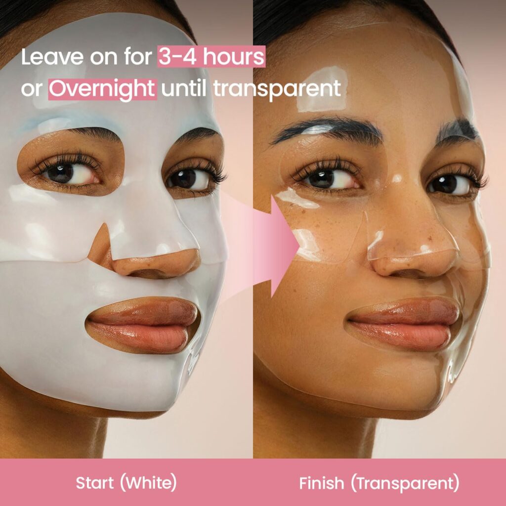 Before and after comparison of the BIODANCE Bio-Collagen Deep Mask transitioning from an opaque white hydrogel to a completely transparent layer after overnight absorption.
