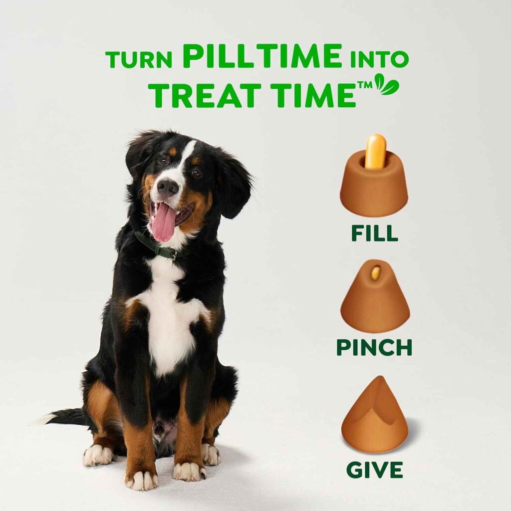 A step-by-step guide showing how to place a dog capsule inside the Greenies Pill Pocket pouch.
