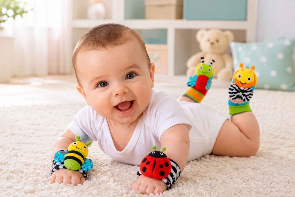 Close-up of colorful baby wrist rattle socks for sensory development