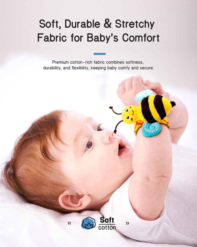 Close-up of colorful baby wrist rattle socks for sensory development