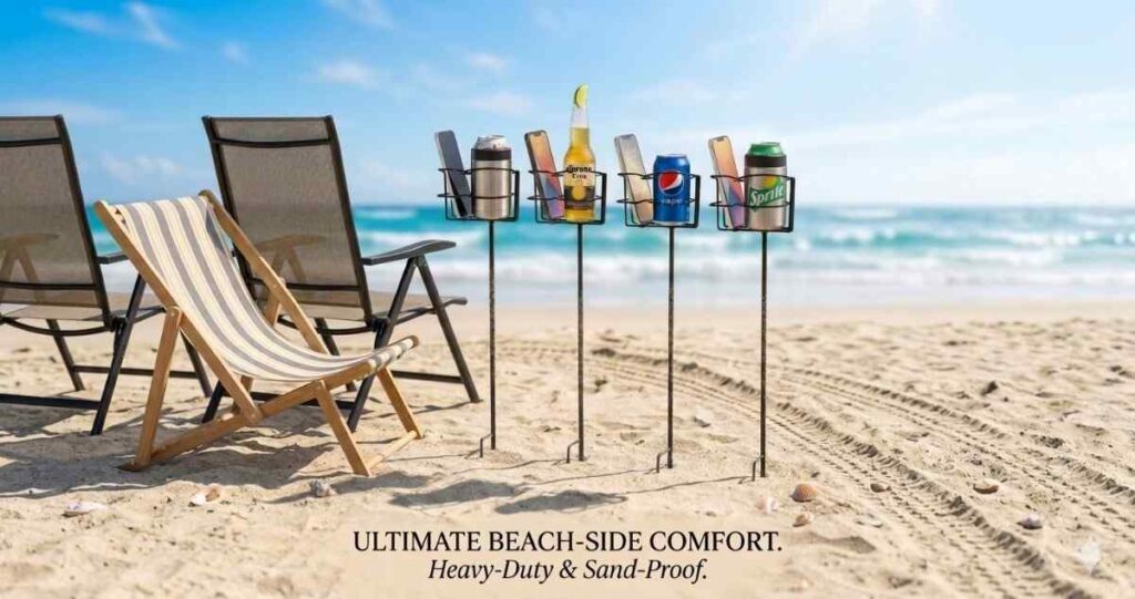 Outdoor cup holders placed in beach sand