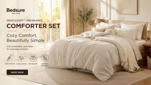 Bedsure Queen Comforter Set beige soft prewashed bedding for all seasons