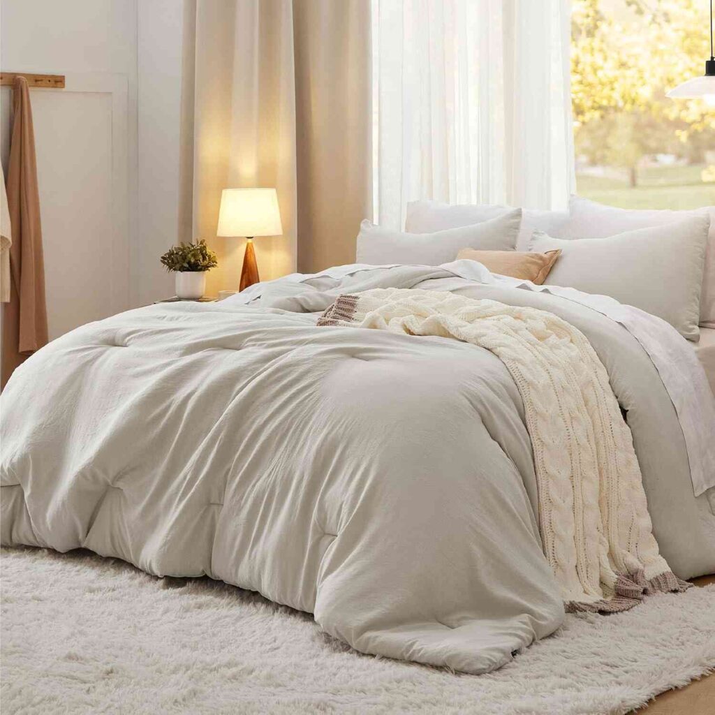 Beige Bedsure comforter set styled in modern bedroom