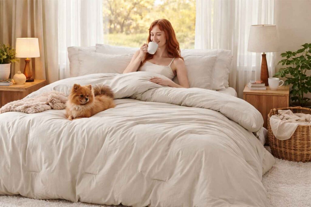 Neutral beige comforter set in cozy bedroom