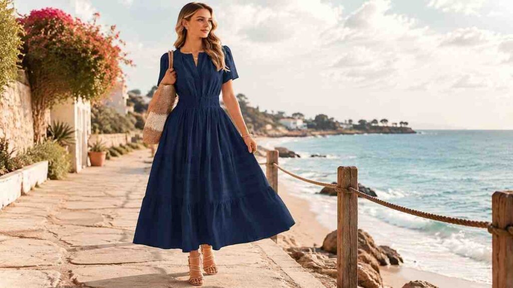 Woman wearing BTFBM long beach dress in summer outdoor setting