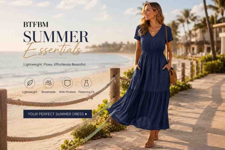 Woman wearing BTFBM long beach dress in summer outdoor setting