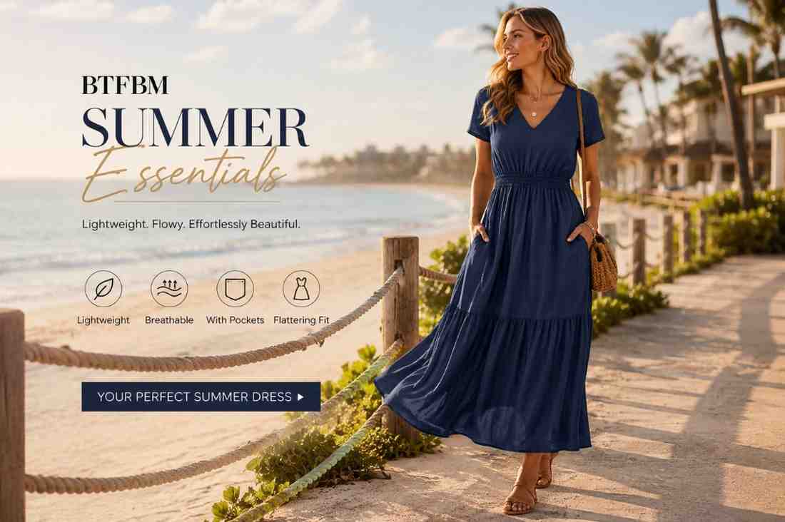 Woman wearing BTFBM long beach dress in summer outdoor setting