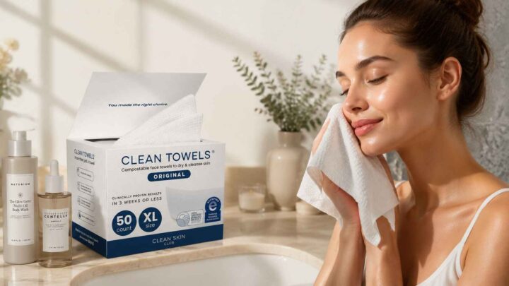 Woman using Clean Skin Club Towels XL disposable face towel for skincare routine