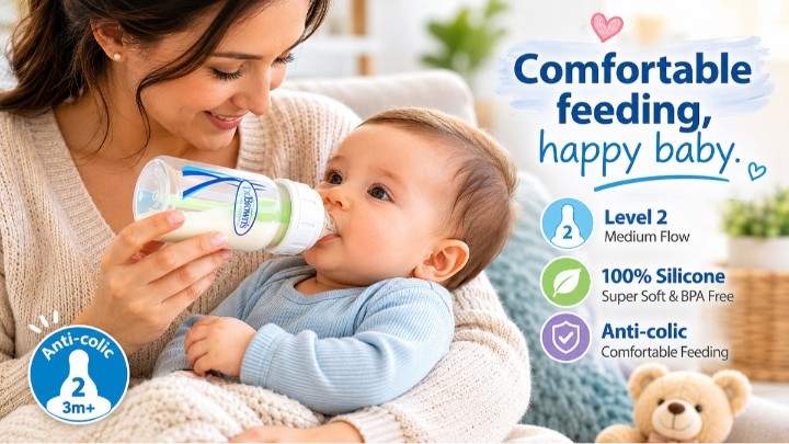 Baby feeding with Dr. Brown’s medium flow silicone bottle nipples
