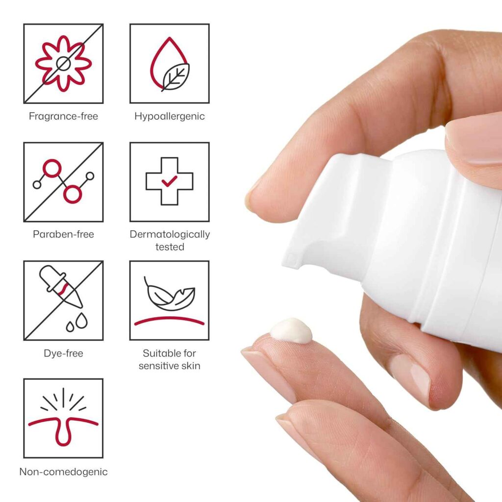 Infographic of EltaMD UV Clear SPF 46 benefits including fragrance-free, paraben-free, and non-comedogenic labels, next to a hand dispensing the white sunscreen cream.