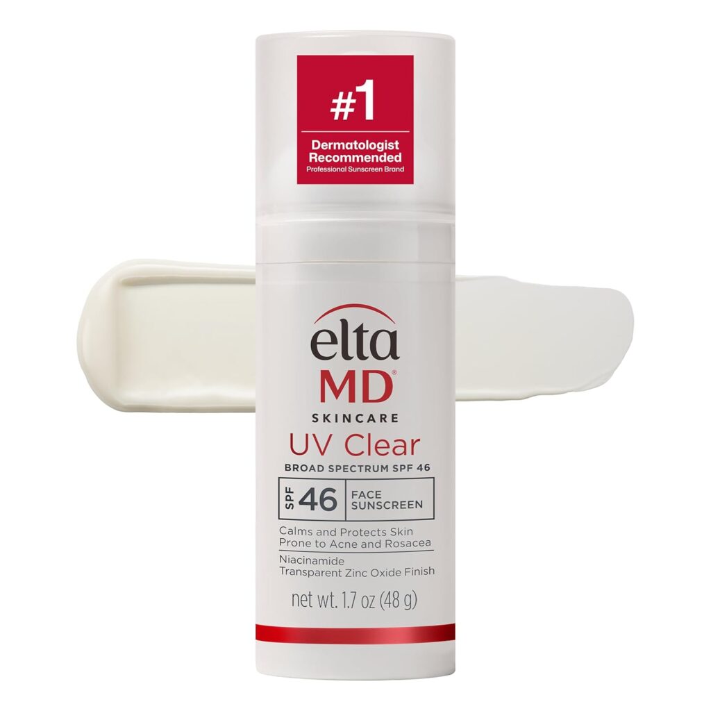 A vertical pump bottle of EltaMD UV Clear Broad-Spectrum SPF 46 facial sunscreen with a swatch of white lotion behind it. The packaging highlights that it is oil-free, dermatologist-recommended, and formulated for skin prone to acne and rosacea.