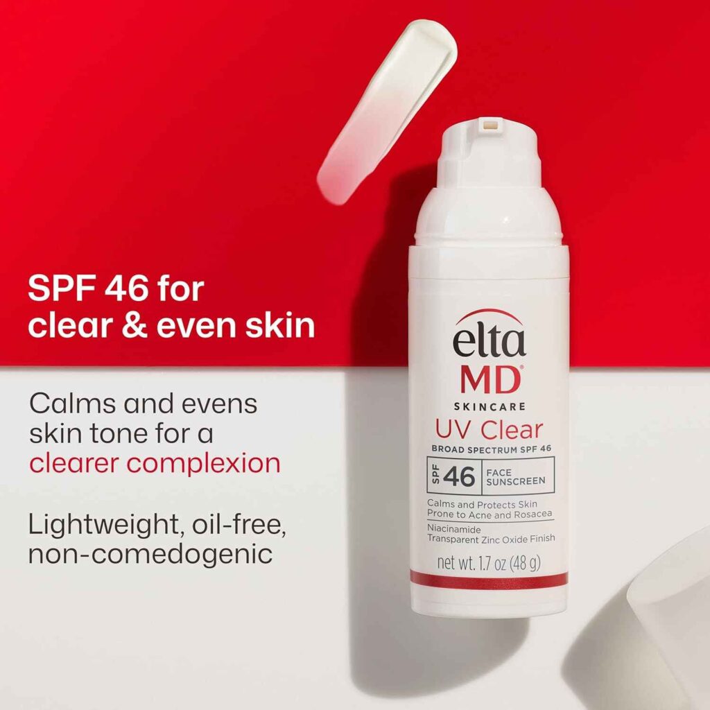 EltaMD UV Clear Broad-Spectrum SPF 46 face sunscreen pump bottle for acne-prone and sensitive skin.