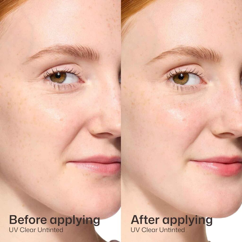 Side-by-side comparison of a woman's face before and after applying EltaMD UV Clear Untinted SPF 46, showing a smooth, clear finish with no white cast.