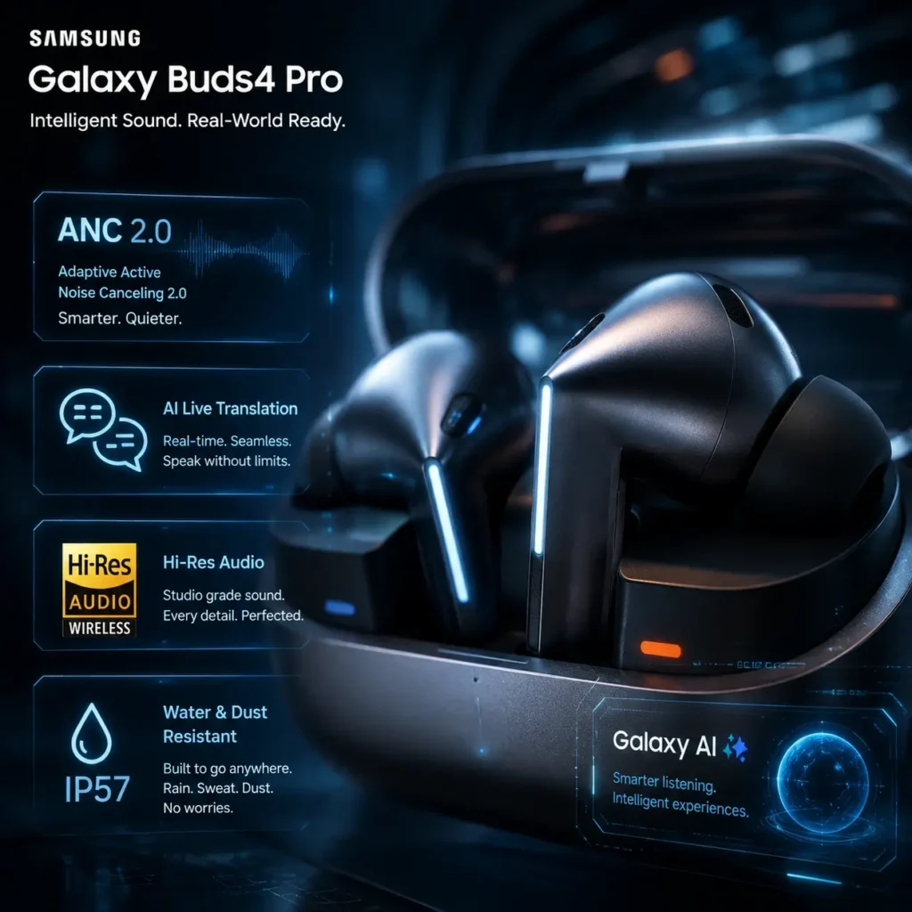 Black Samsung Galaxy Buds 4 Pro charging case, open view