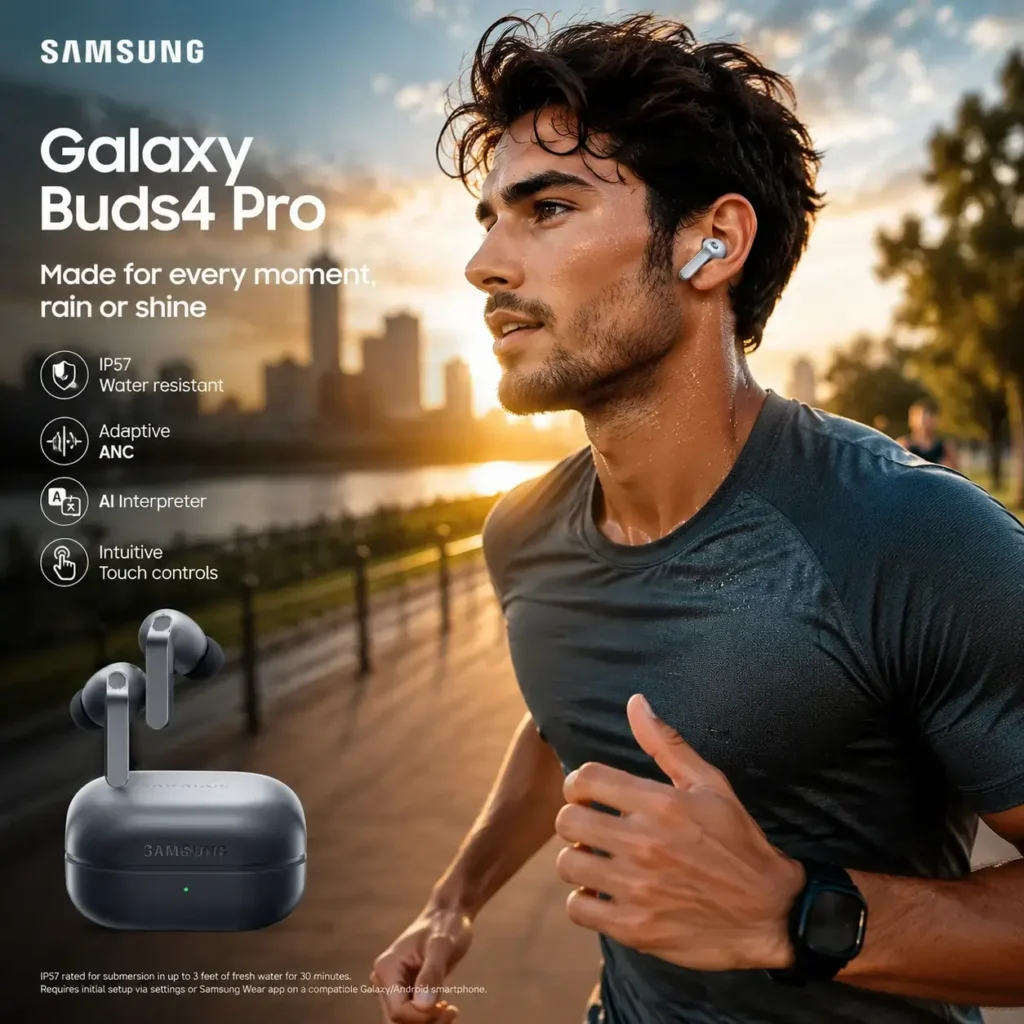 Samsung Galaxy Buds 4 Pro used during a fitness workout