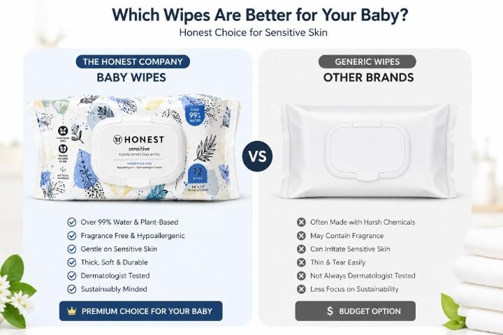 Infographic chart titled 'Which Wipes Are Better for Your Baby?' comparing The Honest Company baby wipes with generic brands. Honest wipes are highlighted as premium with over 99 percent water, plant-based materials, and dermatologist testing, while generic wipes are listed as a budget option that may contain fragrance and tear easily.