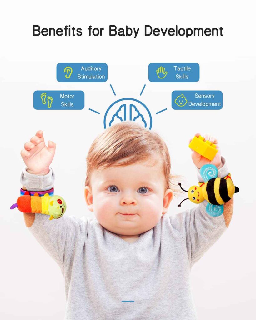 An infant playing with wearable sensory rattles and socks