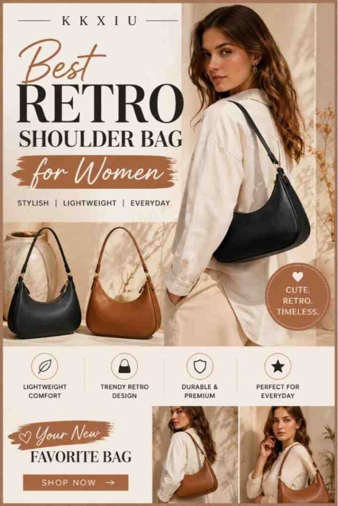 Woman carrying KKXIU retro shoulder bag outdoors