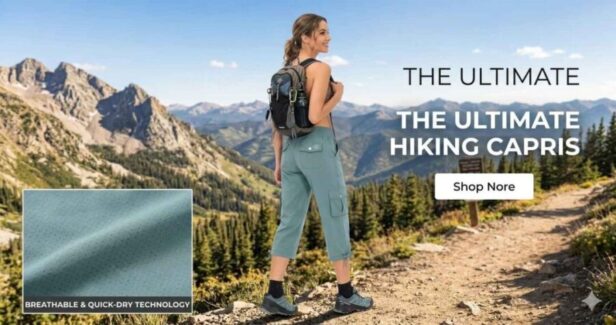 Woman wearing MoFiz Women’s Cargo Capris Hiking Pants during outdoor hiking activity