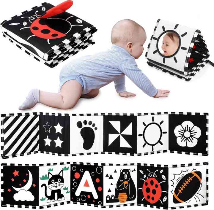 newborn baby looking at black and white sensory patterns