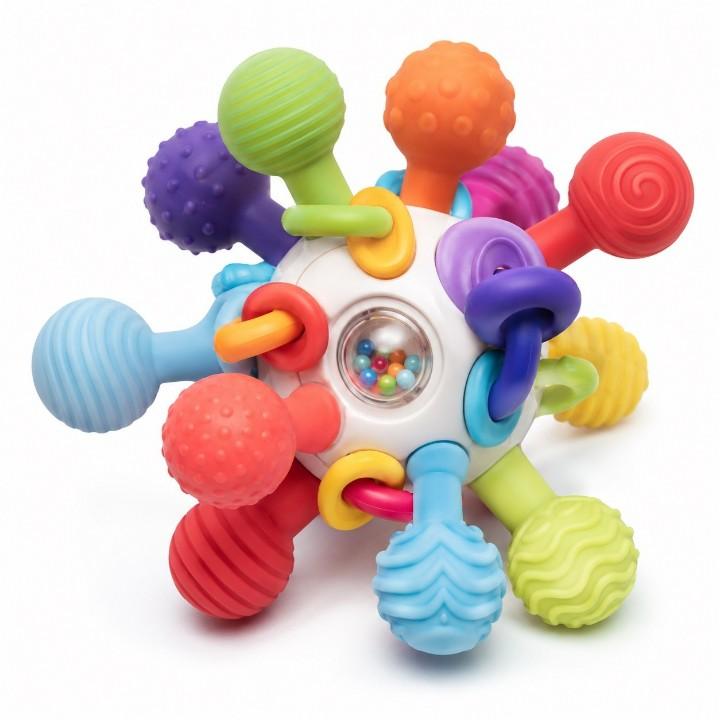 colorful Montessori sensory baby teething toy with silicone chewing surfaces