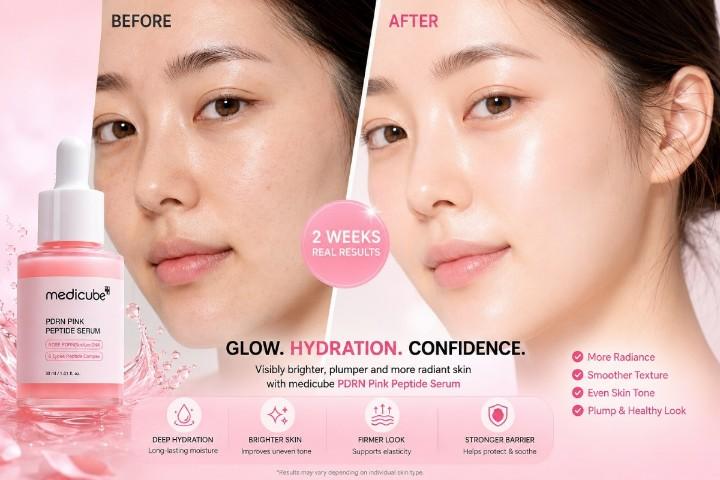 Before and after hydrated skin appearance using peptide serum