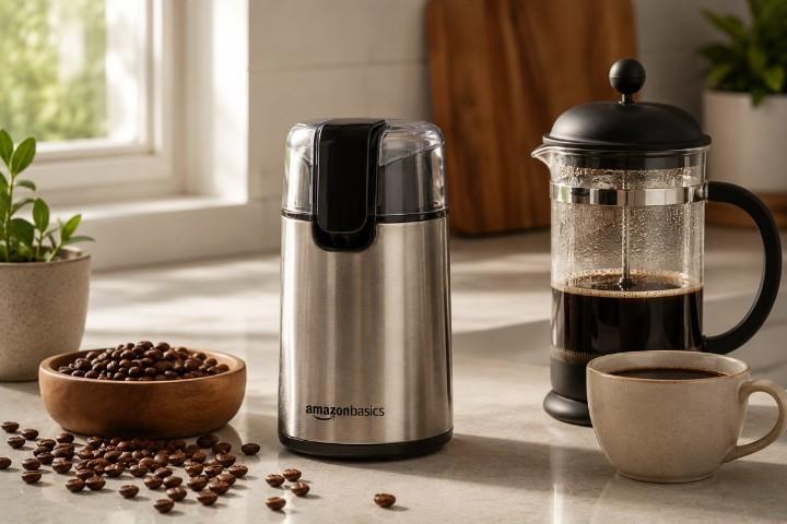 Stainless steel electric coffee grinder on modern kitchen counter