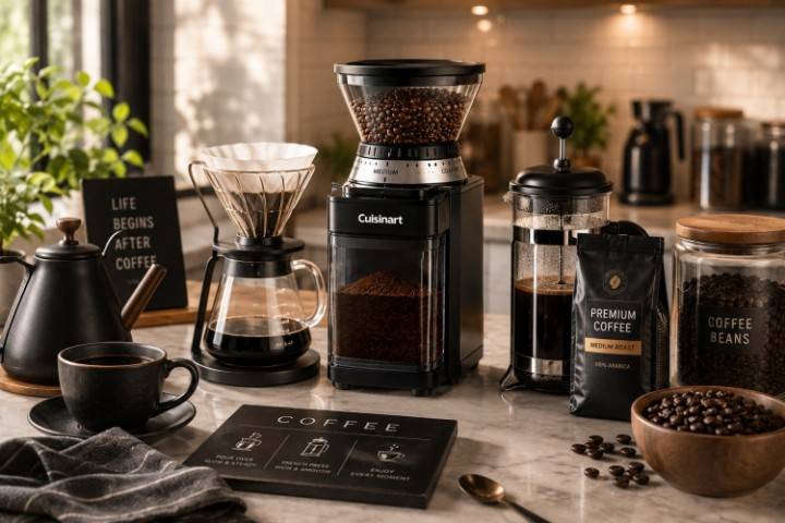Coffee beans inside Cuisinart grinder hopper
