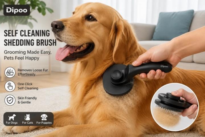 Dipoo self cleaning dog shedding brush removing loose fur from a dog coat