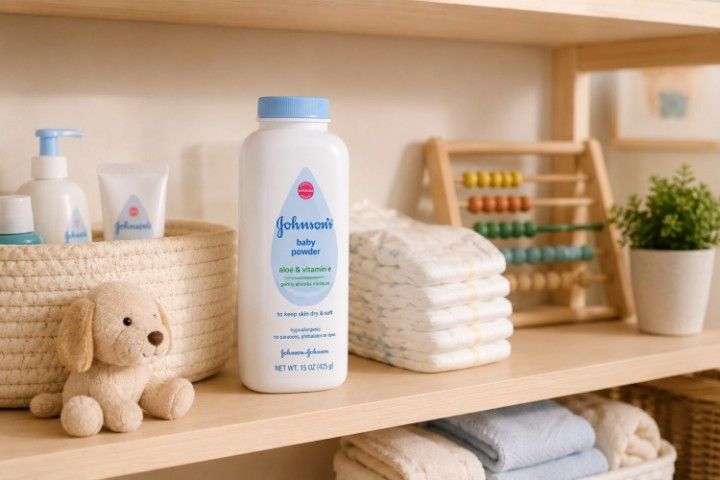 Close-up of Johnson's Baby Powder with Aloe and Vitamin E