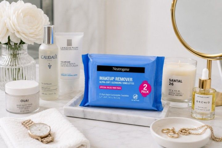 A blue package of Neutrogena Makeup Remover Cleansing Towelettes arranged on a bathroom vanity countertop alongside upscale skincare products, a lit candle, and jewelry.