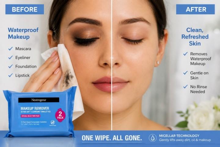 Before and after comparison split image of a woman using a Neutrogena Makeup Remover Towelette to cleanly remove heavy waterproof eye makeup, foundation, and lipstick.