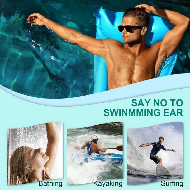 Adult swimmer wearing waterproof ear plugs in swimming pool