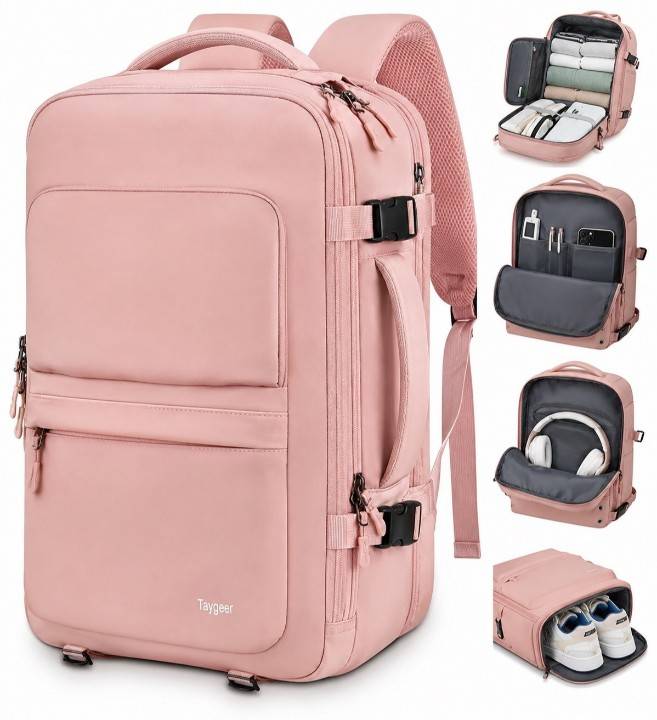 Front view of Taygeer pink travel backpack for women