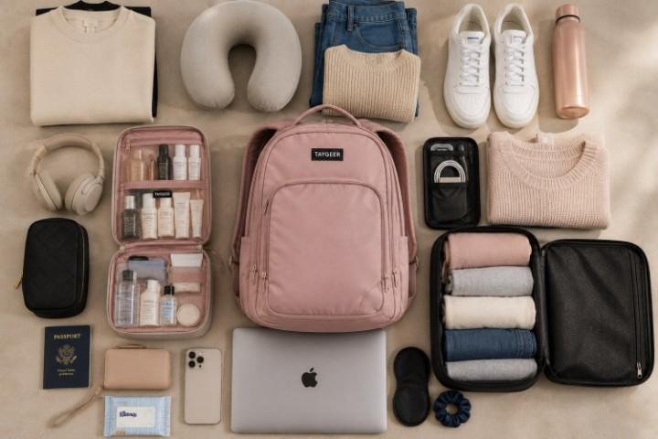 Woman traveling with Taygeer pink weekender backpack