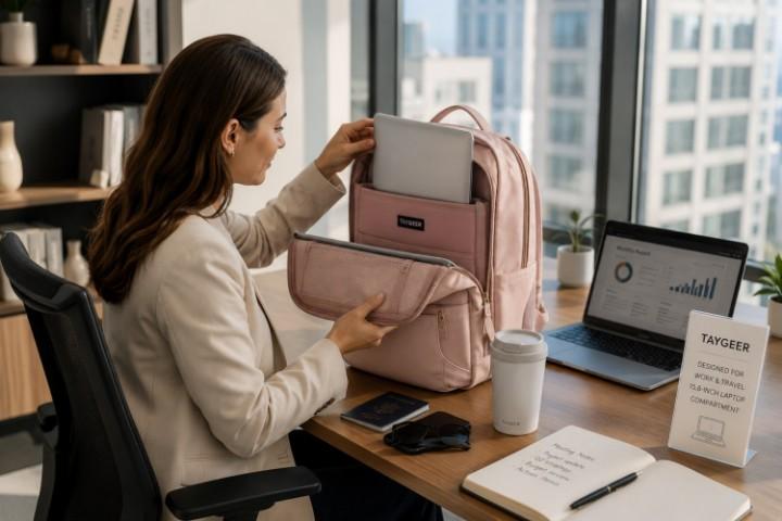 Taygeer travel backpack showing shoe pouch storage area