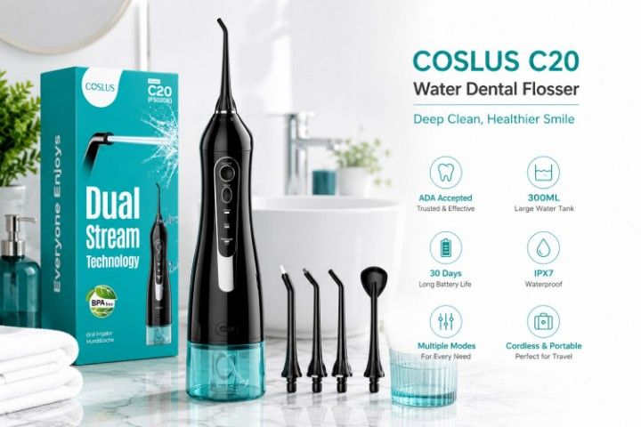COSLUS ADA Accepted C20 cordless water pick flosser with 300ml water tank for braces, implants, and sensitive gums