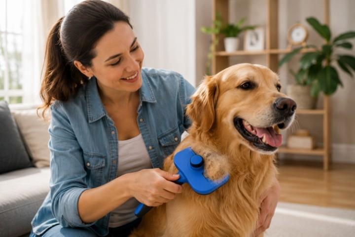 Pet owner grooming a golden retriever using the Swihauk Self Cleaning Slicker Brush.