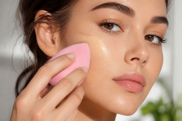 Woman blending liquid foundation using a soft latex-free makeup sponge