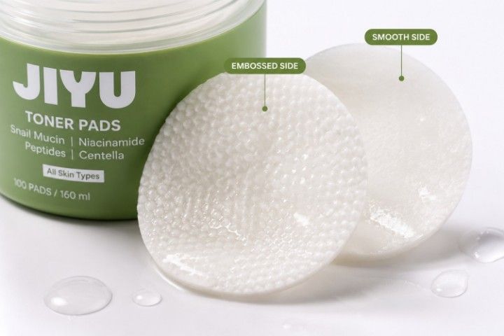 Close-up showing the embossed and smooth sides of JIYU Toner Pads.